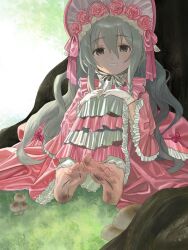 1girl barefoot bonnet dirty dirty_feet dokosuka dress feet flower full_body grass grey_eyes grey_hair highres hoshi_syoko idolmaster idolmaster_cinderella_girls lolita_fashion long_hair looking_at_viewer mushroom nature pink_dress pink_flower pink_rose rose sitting smile soles solo sweet_lolita very_long_hair
