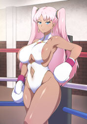 1girl areola_slip armpits blue_eyes boxing boxing_gloves boxing_ring breasts catherine_sabathra cleavage cleavage_cutout closed_mouth clothing_cutout code_geass:_dakkan_no_roze earrings groin hair_tie highleg highleg_leotard highres hoop_earrings jewelry large_breasts leotard long_hair looking_at_viewer midriff navel navel_cutout pink_hair smile solo twintails underboob underboob_cutout white_leotard xllam