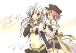 2girls ahoge arch_bishop_(ragnarok_online) ark_kan belt black_dress black_hat black_skirt breasts brown_shirt bun_cover cleavage_cutout closed_eyes clothing_cutout commentary_request cowboy_shot cross dated double_bun dress fishnet_thighhighs fishnets garter_straps green_belt hair_bun happy_birthday hat hunter_(ragnarok_online) juliet_sleeves layered_sleeves long_hair long_sleeves looking_at_another medium_breasts midriff multiple_girls navel open_mouth peaked_cap pink_hair pointy_ears puffy_sleeves ragnarok_online red_eyes sash shirt short_hair short_over_long_sleeves short_sleeves skirt thighhighs two-tone_dress white_dress white_hair white_shirt white_thighhighs yellow_sash
