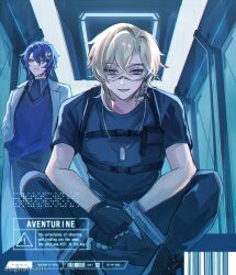 2boys aventurine_(bullseye)_(honkai:_star_rail) aventurine_(honkai:_star_rail) black_gloves black_shirt blonde_hair blue_hair coat collared_shirt dog_tags dr._ratio_(honkai:_star_rail) earrings fingerless_gloves gloves gun hair_between_eyes hair_ornament highres holding holding_gun holding_weapon honkai:_star_rail honkai_(series) jewelry kukatsuma looking_at_viewer male_focus multicolored_eyes multiple_boys necklace official_alternate_costume shirt short_hair t-shirt weapon white_coat