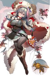 1girl :o absurdres aqua_dress arched_back arm_belt bag bee black_bustier black_pantyhose boots bow bra_strap braid breasts brown_boots brown_eyes bug cloak crossed_legs double-parted_bangs dress eyebrows_hidden_by_hair flipped_hair floral_background flower full_body fur-trimmed_cloak fur-trimmed_dress fur-trimmed_footwear fur_trim grey_hair hair_between_eyes hands_up hanging_breasts heart-shaped_bag highres hood hooded_cloak insect kneehighs large_breasts lily_(flower) long_hair long_sleeves multicolored_background nail_polish open_cloak open_clothes original pantyhose pom_pom_(clothes) red_bow red_nails red_sleeve_cuffs short_dress shoulder_bag side_braid socks solo tareme teeth tiptoes watson_cross white_background white_sleeves xianchong_shi