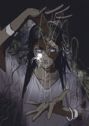 1girl athena_(mythology) black_hair blue_eyes bracelet bug closed_mouth collarbone commentary eyelashes forehead glowing glowing_eyes greek_mythology highres jewelry long_hair looking_at_viewer multiple_bracelets rora_(auroradiation) sanpaku serious shirt silk sketch solo spider spider_web upper_body wavy_hair white_shirt