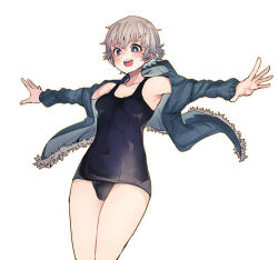 1girl :d armpits bare_shoulders black_one-piece_swimsuit blue_jacket blush breasts bright_pupils brown_eyes cleavage commentary covered_navel cowboy_shot floating_clothes foeyp from_below fur-trimmed_jacket fur_trim grey_hair hair_between_eyes hood hood_down hooded_jacket jacket jacket_over_swimsuit looking_at_viewer looking_down off_shoulder one-piece_swimsuit open_clothes open_jacket open_mouth original outstretched_arms school_swimsuit school_swimsuit_flap short_hair simple_background small_breasts smile solo spread_fingers standing swimsuit swimsuit_under_clothes t-pose teeth tomboy tomboy_(foeyp) upper_teeth_only very_short_hair white_background white_pupils wide-eyed