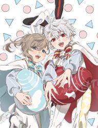 2boys :d animal_ears blue_eyes blush bow bowtie brooch brown_hair cape ear_piercing easter_egg egg fake_animal_ears fingernails flower_brooch grey_hair highres holding jewelry kanae_(nijisanji) kuzuha_(nijisanji) long_fingernails long_hair long_sleeves looking_at_viewer male_focus mole mole_under_eye multiple_boys nijisanji open_mouth outline pants piercing pointy_ears ponytail rabbit_ears red_eyes sharp_fingernails shirt short_hair smile teeth umapote upper_teeth_only vest virtual_youtuber