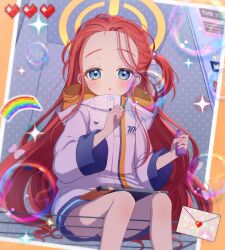 1girl absurdres blue_archive blue_eyes bottle braid bubble bubble_wand commentary envelope glowing halo heart highres holding holding_bottle holding_wand jacket long_hair looking_at_viewer momokan_(mmkn100) one_side_up paw_print rainbow red_hair sitting solo sparkle wand white_jacket yellow_halo yuzu_(blue_archive)