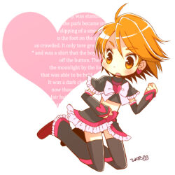 Rule 34 | 1girl, ahoge, black arm warmers, black leg warmers, black shirt, black skirt, bow, bowtie, brooch, brown eyes, brown hair, brown shoes, clenched hands, cure black, dot nose, earrings, english text, eyelashes, frilled leg warmers, frilled skirt, frilled sleeves, frills, full body, futari wa precure, heart, heart brooch, heart earrings, heart print, hiyopuko, jewelry, kneeling, leg warmers, light blush, looking to the side, magical girl, midriff, miniskirt, misumi nagisa, open mouth, pink bow, pink bowtie, pink brooch, precure, shirt, shoes, short hair, short sleeves, signature, skirt, skirt set, solo, swept bangs, thick eyebrows, turtleneck, turtleneck shirt, white background