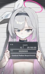 1girl absurdres black_choker black_hairband blue_archive bow braid choker colored_inner_hair commentary dated english_commentary eyes_visible_through_hair frown grey_eyes grey_hair hair_bow hair_over_one_eye hairband halo height_chart highres holding holding_sign huu_(dighapdlxm12) long_bangs long_hair looking_at_viewer mugshot multicolored_hair navel nude pink_hair plana_(blue_archive) side_braid sign single_braid solo two-tone_hair upper_body very_long_hair