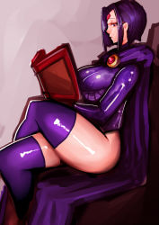 1girl animification book breasts cape crossed_legs dc_comics female_focus large_breasts purple_eyes purple_hair purple_thighhighs raven_(dc) short_hair sitting solo teen_titans thighhighs thighs zxc