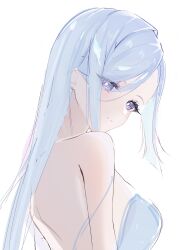 1girl absurdres alternate_costume aqua_eyes arano_(waikuni11) blue_hair bright_pupils from_behind genshin_impact highres long_hair looking_at_viewer purple_eyes shenhe_(genshin_impact) simple_background sketch smile solo upper_body white_background white_pupils
