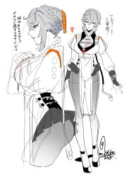 1girl breasts bun_with_braided_base chinese_clothes genderswap genderswap_(mtf) green_eyes grey_hair highres itiha008 leggings long_sleeves medium_breasts shoes updo wise_(zenless_zone_zero) zenless_zone_zero