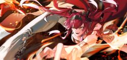 1girl absurdres artist_name black_bow boots bow breasts commentary hair_bow hairband highres holding holding_polearm holding_weapon long_hair looking_afar looking_ahead lupa_(wuthering_waves) medium_breasts metal_hairband multiple_hair_bows open_mouth pink_hair polearm red_sash rythron4 sash smile solo thigh_boots twintails weapon white_boots wrist_guards wuthering_waves yellow_eyes