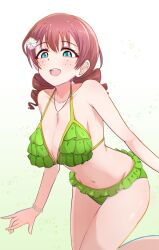 Rule 34 | 1girl, aqua eyes, bikini, bikini day, blush, bracelet, breasts, brown hair, cleavage, commentary request, drill hair, emma verde, flower, flower bracelet, freckles, gradient background, green bikini, hair flower, hair ornament, highres, jewelry, large breasts, looking down, love live!, love live! nijigasaki high school idol club, medium hair, navel, necklace, open mouth, smile, swimsuit, twin drills, yunite68