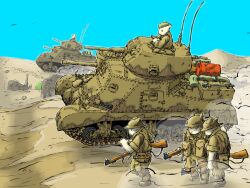 5boys beret blue_sky bolt_action cannon cat_boy caterpillar_tracks desert drum_(container) gun hat highres hill lee-enfield m3_lee military_vehicle motor_vehicle multiple_boys rifle sky tank vehicle_focus weapon yabarn