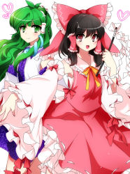 2girls bad_id bad_pixiv_id bare_shoulders black_hair bow deformed gohei green_eyes green_hair hair_bow hair_tubes hakurei_reimu haraegushi heart knbilove kochiya_sanae multiple_girls oonusa red_eyes sash snake touhou