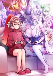 Rule 34 | 5girls, :|, akisame rizu, arianna the labrynth servant, arianne the labrynth servant, arias the labrynth butler, bare legs, bare shoulders, black dress, black tail, blonde hair, blue eyes, breasts, chestnut mouth, cleavage, closed mouth, controller, demon girl, demon horns, demon wings, dress, drill hair, duel monster, expressionless, fang, full body, game controller, gamepad, green eyes, green tail, green wings, grey eyes, grey hair, group picture, helmet, highres, holding, holding controller, holding game controller, horns, jacket, jitome, joy-con 2, kneeling, knight (yu-gi-oh!), labrynth archfiend, large breasts, lovely labrynth of the silver castle, maid, maid headdress, multiple girls, multiple wings, one eye closed, open mouth, pantyhose, playing games, pointy ears, purple eyes, purple tail, purple wings, red jacket, simple background, sitting, sketch, standing, strapless, strapless dress, striped tail, tail, thighhighs, track jacket, transparent wings, twin drills, twintails, twitter username, two-tone tail, white background, white dress, wings, yu-gi-oh!