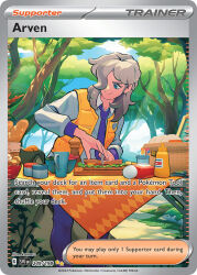 1boy akikan_(kantaro) aqua_eyes artist_name arven_(pokemon) blue_sky bread brown_hair card_(medium) character_name closed_mouth cloud collared_shirt company_name copyright_name copyright_notice cup cutting cutting_board day english_text food grey_shirt hair_over_one_eye holding holding_knife knife lettuce long_hair looking_at_another mabosstiff male_focus mustard_bottle necktie nintendo official_art open_clothes open_vest outdoors pants picnic_basket pokemon pokemon_(creature) pokemon_card pokemon_sv pokemon_tcg purple_necktie purple_pants school_uniform shirt sky smile standing sunlight table tablecloth third-party_source trading_card tree uva_academy_school_uniform vest yellow_vest