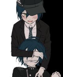 2boys ahoge baseball_cap black_background black_jacket blue_hair blush bound bound_wrists buttons collared_jacket collared_shirt commentary_request danganronpa_(series) danganronpa_v3:_killing_harmony dual_persona eyelashes gagged hair_between_eyes hat jacket long_sleeves looking_at_viewer male_focus mukurol15 multiple_boys necktie open_mouth partial_commentary saihara_shuichi school_uniform shirt short_hair simple_background smile striped_clothes striped_jacket two-tone_background white_background