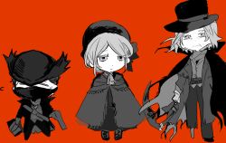 1girl 2boys ascot belt_buckle bloodborne bonnet boots bow bowler_hat briefcase buckle cane chest_belt chibi chinese_commentary cloak closed_eyes closed_mouth coat collared_capelet collared_cloak collared_coat commentary_request covered_mouth cross-laced_footwear dot_nose dress expressionless eyelashes flying_sweatdrops fringe_trim gehrman_the_first_hunter gloves gun handgun hat hat_bow high_collar holding holding_briefcase holding_cane holding_gun holding_scythe holding_weapon hunter_(bloodborne) lapels long_dress long_sleeves looking_ahead maodebohe multiple_boys notched_lapels old old_man open_clothes open_coat orange_background pants plain_doll scarf scythe shoes short_hair simple_background squiggle standing torn_cloak torn_clothes vest weapon wrinkled_skin