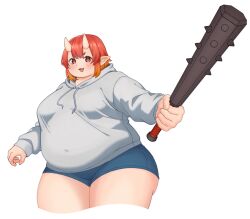 Rule 34 | 1girl, blue shorts, blush, breasts, club (weapon), covered navel, fang, fat, fat woman, gradient hair, grey hoodie, highres, holding, holding club, holding weapon, hood, hoodie, horns, medium breasts, multicolored hair, nishi (naros1205), oni, open mouth, orange hair, original, pointy ears, red eyes, red hair, short hair, short shorts, shorts, skin fang, smile, solo, standing, thick thighs, thighs, weapon, white background