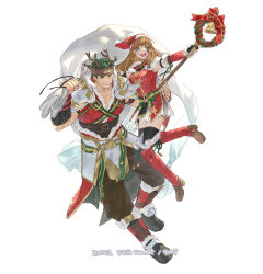 1boy 1girl 91007 absurdres alternate_costume antlers aqua_eyes arm_around_waist artist_name bell black_gloves black_pants black_shoes bow boyd_(fire_emblem) breasts brown_hair brown_headband brown_shoes capelet christmas collarbone commentary_request copyright_name dated dress english_text fake_antlers fingerless_gloves fire_emblem fire_emblem:_radiant_dawn floating full_body fur_trim gloves green_bow green_eyes green_hair grin hair_tubes hat headband high_collar highres holding holding_sack horns long_hair male_focus medium_breasts mist_(fire_emblem) nintendo outstretched_arm pants red_bow red_capelet red_dress red_hat reindeer_antlers sack santa_costume santa_hat shoes short_dress short_hair simple_background smile staff stirrup_legwear teeth thighhighs toeless_legwear two-tone_bow upper_teeth_only waist_bow white_background yellow_bow zettai_ryouiki