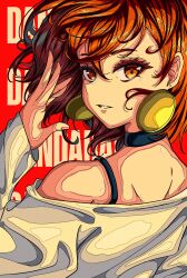1girl artdroiiid_ii ayase_momo black_choker bra_strap choker commentary copyright_name dandadan expressionless eyelashes floating_hair hand_up highres long_sleeves looking_at_viewer multicolored_hair off-shoulder_sweater off_shoulder orange_eyes orange_hair parted_lips pendant_earring purple_hair red_background red_hair short_hair sweater text_background thick_eyelashes turning_head upper_body white_sweater