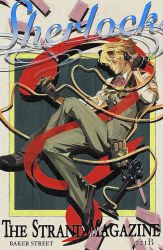 Rule 34 | 1boy, absurdres, ace attorney, antique phone, black footwear, blonde hair, candlestick phone, character name, closed eyes, collared shirt, commentary request, cover, crossed legs, cursive, fake cover, fake magazine cover, fingerless gloves, from side, full body, gloves, goggles, goggles around neck, herlock sholmes, highres, holding, holding phone, holding smoking pipe, magazine cover, male focus, neck ribbon, pants, phone, red ribbon, ribbon, shino bunnys, shirt, short hair, smoke, smoking pipe, solo, the great ace attorney, vest, vial, waistcoat
