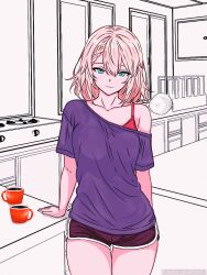 Rule 34 | 1girl, absurdres, black shorts, blonde hair, blue shirt, bra, braid, centaureissi (girls&#039; frontline 2), cimol95, collarbone, commentary, counter, cowboy shot, dolphin shorts, g36 (girls&#039; frontline), girls&#039; frontline, girls&#039; frontline 2: exilium, green eyes, highres, ibispaint (medium), indoors, kitchen, looking at viewer, loose clothes, loose shirt, red bra, shirt, short sleeves, shorts, single off shoulder, smile, solo, t-shirt, thigh gap, twitter username, underwear