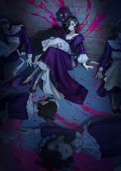 Rule 34 | 5girls, ambiguous pink liquid, apron, black hair, black pantyhose, black shoes, blanket, clone, crossed legs, dark, different shadow, dress, dual persona, eyed shadow, full body, hair over one eye, high heels, highres, holding, holding blanket, hollow eyes, indoors, key, long dress, long sleeves, lying, maid, maid headdress, multiple girls, on ground, on side, one eye covered, pantyhose, pink eyes, purple dress, reverse:1999, shoes, short hair, sitting, smile, swaddled, tuesday (reverse:1999), viciousmongrel, vignetting, white apron