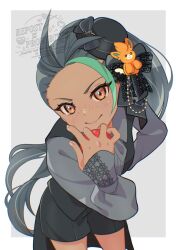 1girl black_hair black_shorts black_vest bow closed_mouth commentary_request eyelashes freckles green_hair grey_background grey_shirt hair_bow hair_ornament hand_up hat holding holding_poke_ball leaning_forward long_hair long_sleeves mini_hat mizuiro123 multicolored_hair nemona_(pokemon) nintendo poke_ball poke_ball_(basic) pokemon pokemon_sv shirt short_shorts shorts sleeves_past_wrists smile solo two-tone_hair vest watermark