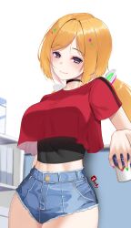 1girl absurdres aki_rosenthal alternate_costume arm_at_side black_choker black_undershirt blonde_hair blue_eyes blue_shorts blush breasts can choker closed_mouth cowboy_shot crop_top crop_top_overhang cropped_shirt cubicle denim denim_shorts detached_hair green_nails headgear highres holding holding_can hololive indoors large_breasts leaning_on_object linea_alba long_hair looking_at_viewer low_twintails micro_shorts midriff_peek multicolored_nails nail_polish narrow_waist parted_bangs parted_hair pink_nails red_shirt seductive_smile shirt short_hair shorts signature skin_tight smile solo t-shirt tasty_(dudwofla) taut_clothes taut_shirt thick_thighs thighs toned toned_female twintails virtual_youtuber wide_hips