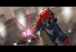 1boy black_jacket blue_eyes dark-skinned_male dark_skin drawstring grin hat highres holding holding_poke_ball hood hood_down jacket jiuri_jiuhao letterboxed long_sideburns male_focus nintendo poke_ball pokemon pokemon_swsh raihan_(pokemon) sideburns slit_pupils smile solo