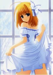 Rule 34 | 00s, bare shoulders, blue eyes, blush, bow, clothes lift, dress, dress lift, duplicate, fuyou kaede, hair bow, hair ribbon, happy, nishimata aoi, official art, orange hair, ribbon, see-through clothes, short hair, shuffle!, smile, solo, standing, strapless, strapless dress, window