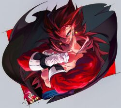 Rule 34 | blue eyes, blue sash, body fur, closed mouth, dougi, dragon ball, dragon ball heroes, earrings, gloves, gogeta, gogeta (xeno), jewelry, long hair, looking at viewer, male focus, metamoran vest, monkey boy, monkey tail, multiple boys, muscular, muscular male, no nipples, ommmyoh, open mouth, pants, pectorals, potara earrings, red fur, red hair, saiyan, sash, smile, smirk, spiked hair, super full power saiyan 4 limit breaker, super saiyan, super saiyan 4, tail, time patrol (dragon ball), twitter username, vegetto, vegetto (xeno)