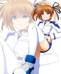 Rule 34 | absurdres, belt, brown hair, commentary request, commission, disdain, eyebrows hidden by hair, grin, hair ribbon, hands on own hips, highres, long sleeves, lyrical nanoha, mahou shoujo lyrical nanoha, miniskirt, oshimaru026, partially shaded face, pixiv commission, purple eyes, red ribbon, ribbon, shoes, short twintails, skirt, smile, smug, sneakers, takamachi nanoha, thighhighs, tsab air military uniform, tsab executive military uniform, twintails, white background, white devil, white shoes, white thighhighs