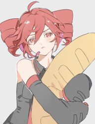 :&lt; ahoge baguette bare_shoulders black_sleeves blush bread breasts collared_shirt detached_sleeves drill_hair food food-themed_pillow grey_background hair_between_eyes headphones headset highres hugging_object kasane_teto kasane_teto_(utau) microphone mushisawa pillow pillow_hug red_eyes red_hair shirt sleeves_past_wrists twin_drills upper_body utau very_long_sleeves wing_collar
