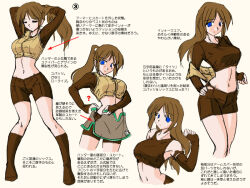 1girl blue_eyes breasts brown_gloves brown_hair brown_shirt brown_shorts brown_skirt brown_socks closed_mouth commentary_request cropped_jacket elbow_gloves expressionless fingerless_gloves full_body gloves hair_down high_ponytail hunter_(ragnarok_online) long_hair looking_at_viewer medium_breasts midriff miniskirt multiple_views navel pointing_out_the_details ponytail ragnarok_online shirt short_shorts shorts shorts_under_skirt simple_background skirt socks standing tatsumi_ray translation_request