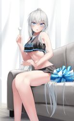 1girl bare_shoulders blue_eyes blush breasts cheerleader couch crop_top fate/grand_order fate_(series) grey_hair highres long_hair looking_at_viewer medium_breasts miniskirt morgan_le_fay_(fate) navel parted_lips pom_pom_(cheerleading) ponytail sidelocks sitting skirt solo tutuuraura88 very_long_hair