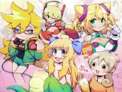 5girls ahoge alcohol artist_name beer beer_mug black_shirt blonde_hair blue_bow blue_eyes bow breasts brown_eyes character_request chips_(food) choukadou_girl_1/6 cleavage closed_mouth copyright_request cup ear_piercing earrings eating fangs food glasses green_eyes green_jacket green_shorts hacka_doll hacka_doll_1 hair_bow half-closed_eyes headphones headphones_around_neck highres holding holding_food jacket jashin-chan jashin-chan_dropkick jewelry lamia large_breasts long_hair medium_hair monster_girl mug multiple_girls murasaki_wakako nona_(choukadou_girl_1/6) one_eye_closed open_mouth panty_&amp;_stocking_with_garterbelt panty_(psg) photoshop_(medium) piercing pointy_ears potato_chips rectangular_eyewear red-framed_eyewear sami_(pirateyoukai) semi-rimless_eyewear shirt short_hair shorts small_breasts stud_earrings tongue tongue_out translation_request under-rim_eyewear v wakako-zake