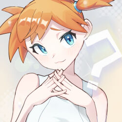 1girl ? absurdres blue_eyes closed_mouth commentary_request creatures_(company) game_freak grey_background hands_up happy head_tilt highres light_blush looking_at_viewer misty_(pokemon) nintendo orange_hair own_hands_together pokemon pokemon_lgpe rasoso_(wyzx4524) side_ponytail smile solo upper_body vest white_vest