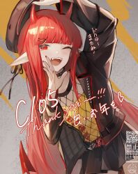 1girl ;d adjusting_clothes adjusting_headwear alternate_costume arm_up beret black_hat black_jacket black_ribbon black_skirt blunt_bangs blush choker comiket_105 commentary_request cowboy_shot demon_horns demon_tail english_text fangs fishnet_top fishnets hair_ornament hair_ribbon hairclip hand_up hat hemorina highres horns jacket leaning_to_the_side long_hair long_sidelocks long_sleeves miniskirt one_eye_closed open_clothes open_jacket open_mouth pointy_ears red_eyes red_hair red_horns red_tail ribbon sidelocks skirt smile solo spiked_choker spikes spread_fingers tail tank_top teeth upper_teeth_only very_long_hair vigna_(arknights) watermark yellow_tank_top