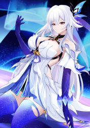 Rule 34 | 1girl, absurdres, aurora, bare shoulders, between breasts, breasts, collarbone, commentary, crossed bangs, crystal shards, diamond-shaped pupils, diamond (shape), dress, dutch angle, expressionless, genshin impact, hair between eyes, hair ornament, halter dress, halterneck, hand up, highres, kneeling, large breasts, long hair, looking at viewer, night, night sky, on ground, prosthesis, prosthetic arm, prosthetic leg, red eyes, short dress, skirk (genshin impact), sky, sleeveless, sleeveless dress, solo, symbol-shaped pupils, thighs, tyamiy1017, very long hair, white dress, white hair