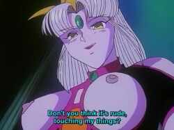 1990s_(style) 1995 1girl animal_ears animal_print animated breasts breasts_out cat_ears cat_girl cat_tail cleavage colored_skin dark-skinned_female dark_skin dragon_pink dress fangs female_focus gem_on_head green_eyes hairdressing lamia large_breasts long_hair monster_girl nipple_stimulation nipples nymphomania_the_slave_queen open_mouth pink_(dragon_pink) pink_hair purple_hair purple_skin retro_artstyle revealing_clothes santa_(dragon_pink) simple_background slave_queen_(dragon_pink) snake_girl solo sound tagme tail tiger_print video yellow_eyes