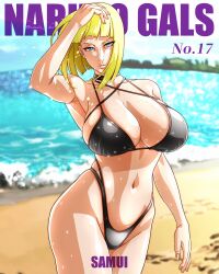 Rule 34 | 1girl, absurdres, arm at side, armpits, beach, bikini, black bikini, blonde hair, blue eyes, breasts, character name, copyright name, cowboy shot, curvy, english text, fixing hair, hand on own head, highleg, highleg bikini, highleg one-piece swimsuit, highres, large breasts, looking at viewer, naruto (series), naruto shippuuden, navel, one-piece swimsuit, saburo des, samui (naruto), shiny skin, short hair, swimsuit, thong, thong bikini, tsurime, twitter username, water drop, wide hips