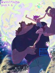 1boy 1girl adversarial_noise animal_ears arm_up barefoot bartholomew_kuma bear_ears black_shirt blue_pants brown_hair closed_eyes commentary_request couple dated full_moon ginny_(one_piece) highres holding_hands knee_up looking_at_another moon muscular muscular_male night one_eye_closed one_piece outdoors pants purple_hair red_shorts shirt short_sleeves shorts size_difference sleeveless sleeveless_shirt smile standing standing_on_one_leg standing_on_person toes twitter_username ususmomo watermark wheat_field white_shirt