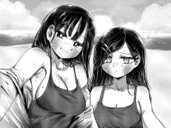 Rule 34 | 2girls, alternate hairstyle, ao tanuki, armpits, bare shoulders, beach, blush, boku no kokoro no yabai yatsu, breasts, camisole, cleavage, clenched teeth, closed mouth, collarbone, commentary request, evening, hair ornament, hairpin, highres, horizon, ichikawa kana, large breasts, long hair, looking at viewer, medium breasts, mole, mole on neck, multiple girls, multiple moles, ocean, off shoulder, outdoors, reaching, reaching towards viewer, ringed eyes, shore, sky, sun, teeth, upper body, yamada anna