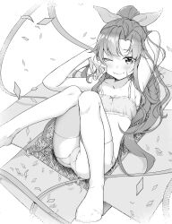 1girl absurdres arm_up blush bow bow_bra box bra cardboard_box closed_mouth collarbone commentary_request confetti crotch_seam curtained_hair dot_nose eyebrows_hidden_by_hair full_body greyscale hair_ribbon hand_up highres legs_up long_hair lying monochrome no_shoes on_back one_eye_closed original panties ponytail ribbon sahara386 smile solo split_mouth thighhighs underwear underwear_only
