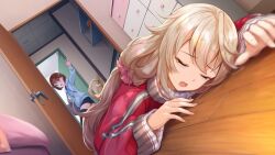 2girls bag bags_under_eyes black_thighhighs blonde_hair blue_eyes blue_hoodie blue_shorts bob_cut brown_hair chest_of_drawers closed_eyes door game_cg hair_ornament hair_scrunchie hairclip holding holding_bag hood hoodie indoors jacket long_hair long_sleeves low_ponytail lying mugendo_saki multiple_girls non-web_source official_art on_stomach open_door open_mouth opening_door pink_scrunchie ponytail red_jacket scrunchie short_hair short_shorts shorts thighhighs track_jacket u_u very_long_hair yanagiya_kokoro yumeutsutsu_re:master