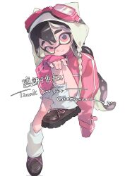 1girl black_hair closed_mouth commentary commission goggles goggles_on_head hat highres inkling inkling_girl inkling_player_character jacket leg_warmers long_hair looking_at_viewer nintendo p-pepper pink-framed_eyewear pink_eyes pink_jacket simple_background sitting sleeves_past_wrists smile solo splatoon_(series) splatoon_3 symbol-only_commentary tentacle_hair thank_you thick_eyebrows very_long_hair white_background white_hat