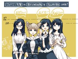 4girls :d arrow_(symbol) blonde_hair blue_eyes blue_hair blue_pants blue_skirt blunt_bangs character_name commentary_request cowboy_shot doodle_inset dress fukurai_azami glasses hand_in_pocket hand_up hands_up height height_difference highres hood hood_down hoodie jasmine_(toshi_densetsu_kaitai_center) jumpsuit kimura_(toshi_densetsu_kaitai_center) limited_palette long_hair long_sleeves looking_at_viewer multiple_girls open_mouth own_hands_together pants sato_mio shirt short_hair skirt smile speech_bubble standing toshi_densetsu_kaitai_center translation_request white_dress white_hoodie white_shirt yamada_fgm