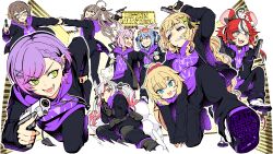 Rule 34 | 6+girls, akai haato, aki rosenthal, anya melfissa, black jacket, black pants, blonde hair, braid, braided bangs, brown hair, cigarette, delinquent, dual wielding, grin, gun, hair ornament, hairclip, hakos baelz, hakui koyori, handgun, highres, holding, holding gun, holding weapon, hololive, hololive english, hololive grand theft auto, hololive indonesia, hood, hoodie, jacket, long hair, multiple girls, nail polish, nakiri ayame, nanashi mumei, pants, purple hair, purple hoodie, red hair, running, shoes, short hair, smile, smoking, sneakers, tataki tuna, tokoyami towa, transparent background, usada pekora, v-shaped eyebrows, virtual youtuber, weapon